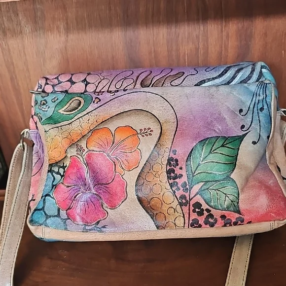 Anna By Anuschka Hand Painted Floral Shoulder Crossbody Leather Bag - Picture 2 of 16